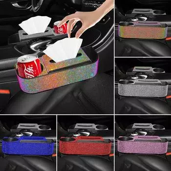 Car Seat Gap Crevice Tissue Storage Box Diamond Drink Cup Gap Holder Organizer Phone Cup Bottle Bracket Bling Car Accessories