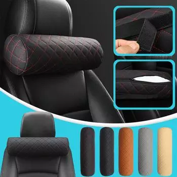 Car Seat Neck Pillow Headrest Leather Soft Pad Universal Pillow Head Accessor Car Cervical Neck Protector Breathable Cylind A7P5