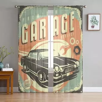 Автосервис Рекламный ретро-дизайн Концепция Тюль Прозрачные шторы для гостиной Кухня Украшения Вуаль Органза Шторы 135W x 114H(cm)