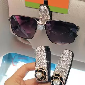 Держатель для солнцезащитных очков в автомобиль, зажим для солнцезащитных очков со стразами и бантом/камелией, зажим для солнцезащитных очков на козырек автомобиля, держатель для солнцезащитных очков, органайзер для солнцезащитного козырька чёрный