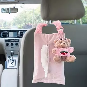 Car Tissue Box Cartoon Tissue Storage In Car Plush Backseat Car Tissue Case Holder Multifunctional Tissue Box Storage For Home розовый