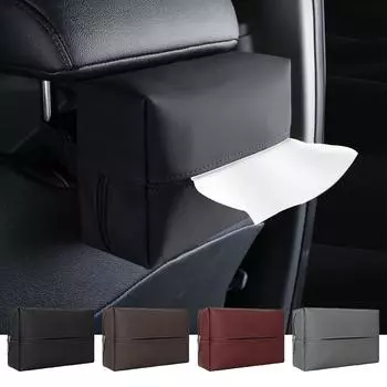 Автомобильный держатель для салфеток, кожаная коробка для салфеток на центральную консоль автомобиля, подлокотник, солнцезащитный козырек, заднее сиденье, коробка для бумаг с ремнем для фиксации чёрный