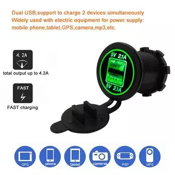 Car Universal Cigarette Lighter Charger USB Vehicle DC12V-32V Waterproof Dual USB Charger 2 Ports Power Socket 5V 2.1A/2.1A зелёный