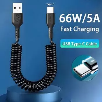 Car USB Type C Cable 66W Fast Charging Spring Telescopic Cable For iPhone 16 Pro Max Samsung Xiaomi OnePlus Charger Accessories 1.2M