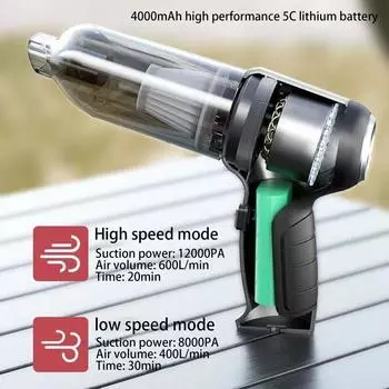 Car Vacuum Cleaner Portable Vacuum Cordless High Power Car Rechargeable Vacuum 12000Pa For Home Kitchen Car Corner Upholstery зелёный