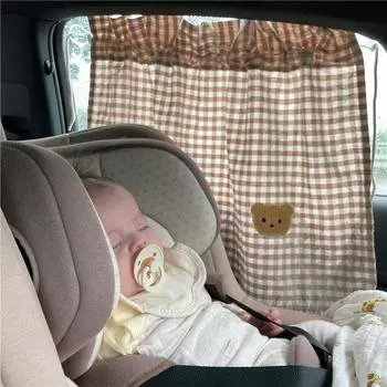 Car Window Sunshade Cover Curtain Cotton Plaid Bear Sunscreen Thermal Insulation Car Curtain UV Protection For Kid Baby Children