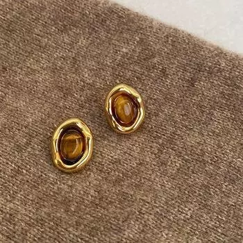 Caramel Chestnut Stud Earrings Maillard Tiger Eye Stone Stud Earrings Retro Elegant High-Grade Earrings Women s Net Red All-Match Earrings Asymmetrical Tiger Eye stud earrings [1 pair]]
