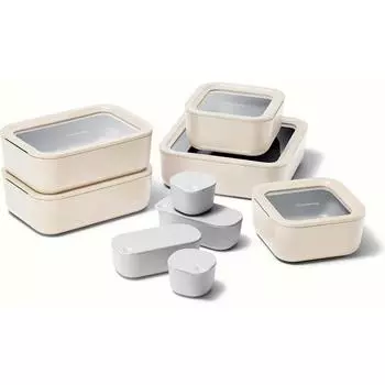 Caraway 14-Piece Ceramic-Coated Glass Cream Food Storage Containers Easy To Store Non Toxic Lunch Box Organizer Dot Dash Inserts