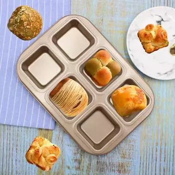 Carbon Steel Muffin Cake Baking Tray 6 Cavities Bread Mold Baking Tool Brownie Cake Pan Hamburger black-straight edge