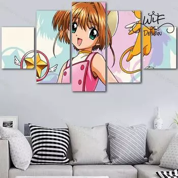Card Captor Sakura, 5 шт., Ассортимент, холст, живопись, японское аниме, декор комнаты, художественный настенный плакат, принт, прозрачный подарок, домашний декор 20x35cm*2 20x45cm*2 20x55cm*1