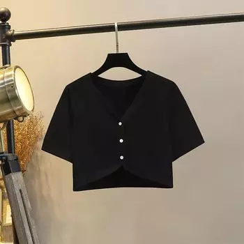 Cardigan Ice Silk Waistcoat Knitted Thin with Shoulder-Straps Short Sleeve Black(W-8556) S