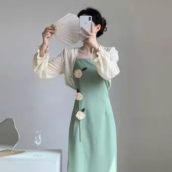 Cardigan with Skirt Two-Piece Suit Skirt 2025 New Arrival New Chinese National Style Retro Elegant Green Suspenders Dress Apricot Cardigan + green skirt set S