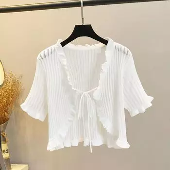 Cardigan Wooden Ear Ice Silk Tied Slim Fit Tops Short Sleeve White 2XL