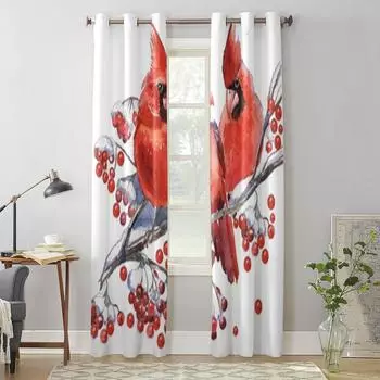 Cardinal Birds Christmas Window Curtains For Living Room Bedroom Luxury Modern Kitchen Curtains Fabric Drapes 135W x 60H(cm) x1