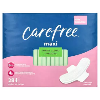 Carefree, Maxi, супердлинные подушечки, с крыльями, 28 подушечек