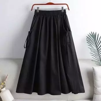 Cargo Skirt with Elastic Waist Side Pockets Solid Color A-Line Loose Fit Midi Skirt Workwear Style Drawstring Skirt S армия зеленый