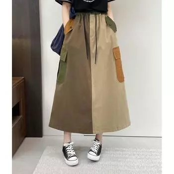 Cargo Style Japan fashion Niche Chic Patchwork Cotton Lace-up Skirt Women s Loose Slimming Retro Elastic Waist Summer Fashion Spell coffee One size