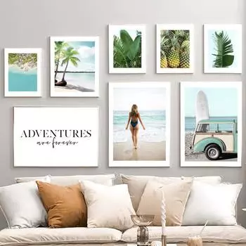 Caribbean Beach Girl Surf Palm Tree Pineapple Nordic Posters Prints Canvas Painting Modern Wall Art Pictures Living Room Decor 21X30cm No Frame