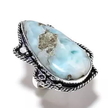 Caribbean Larimar Gemstone Handmade 925 Sterling Silver Jewelry Ring Size 8 H1H13