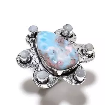 Caribbean Larimar, Moonstone Gemstone 925 Sterling Silver Gift Ring Size 6 W6v53
