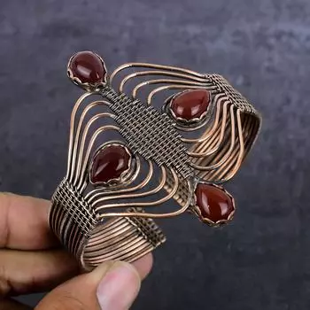 Carnelian Gemstone Handmade Copper Wire Wrap Cuff Bangle Adjustable t7a82