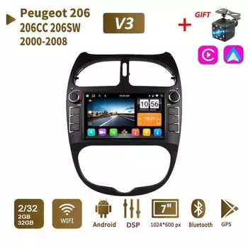 Carplay 7 дюймов 2 Din Android автомобильное радио для PEUGEOT 206 206CC 206SW 2000-2008 мультимедийный видеоплеер GPS авторадио стерео 2 + 32 ГБ 1+32GB,A