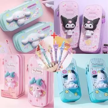 [CarrotCarrot] Двухъярусный пенал большой емкости Sanrio + подарочная шариковая ручка 10 цветов, популярный персонаж в Корее