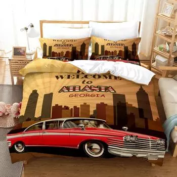 Cars Duvet Cover Traditional Old Car Race Nostalgic American Car Bedding Set Classic Cars Polyester Quilt Cover for Boys Teens EU Single 135x200cm