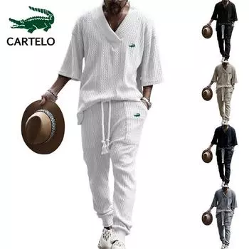 CARTELO 2023 Новый повседневный свободный жаккардовый трикотаж с рукавами 7/4, топ, длинные брюки, мужской комплект S чёрный