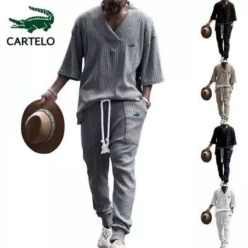 CARTELO 2023 Новый повседневный свободный жаккардовый трикотаж с рукавами 7/4, топ, длинные брюки, мужской комплект S чёрный