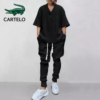 CARTELO 2023 Новый повседневный свободный жаккардовый трикотаж с рукавами 7/4, топ, длинные брюки, мужской комплект