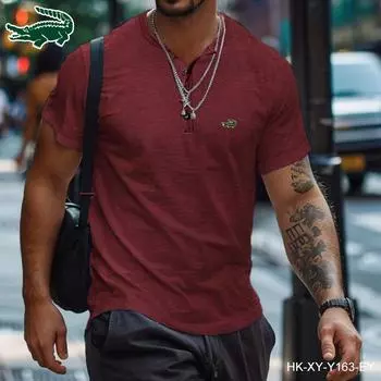 CARTELO 2024 летняя вышитая футболка мужская спортивная рубашка поло с воротником-хенли на пуговицах S белый