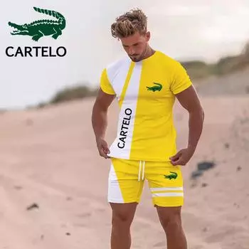 CARTELO 2024, новинка лета, контрастная футболка с 3D принтом и шорты, комплект модной спортивной одежды, комплект пляжной футболки