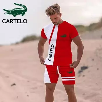 CARTELO 2024, новинка лета, контрастная футболка с 3D принтом и шорты, комплект модной спортивной одежды, комплект пляжной футболки S жёлтый