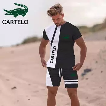 CARTELO 2024, новинка лета, контрастная футболка с 3D принтом и шорты, комплект модной спортивной одежды, комплект пляжной футболки S чёрный