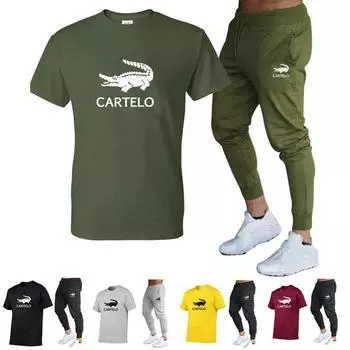 CARTELO 2024, новинка весны и лета, мужская футболка, брюки, костюм из двух предметов, модный новый тренд, универсальный спортивный костюм для отдыха S чёрный