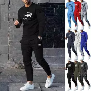 CARTELO 2024 весенне-осенний комплект из двух предметов с принтом, футболка с круглым вырезом и длинными рукавами, брюки, однотонный повседневный мужской комплект M чёрный