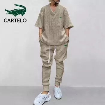 CARTELO 2024, весенне-осенний новый повседневный свободный жаккардовый трикотаж с рукавами 7/4, топ, длинные брюки, мужской комплект S хаки