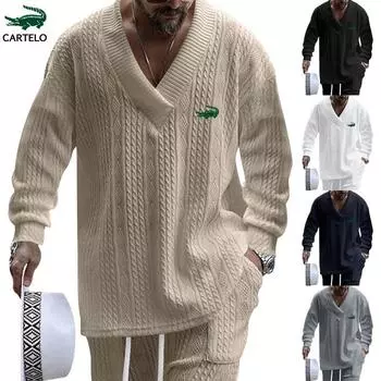 CARTELO 2024, весенне-осенний жаккардовый трикотаж для отдыха, мужская свободная футболка с длинными рукавами, мужской пуловер с v-образным вырезом, жаккардовый топ S хаки