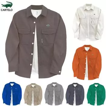 CARTELO 2024 весна и осень новая мужская рубашка в клетку с вышивкой и двойными карманами