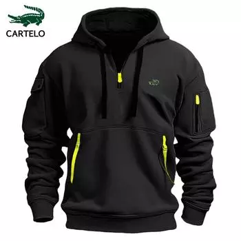 CARTELO Autumn/Winter Embroidered Men s Casual Multi Zipper Arm Pocket Hoodie Pullover Large Hoodie S чёрный