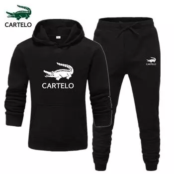 CARTELO для мужчин и женщин, осенне-зимний новый стиль, повседневный однотонный комплект с капюшоном, мужской свитер с длинными рукавами и воротником-стойкой, пуловер, комплект S чёрный