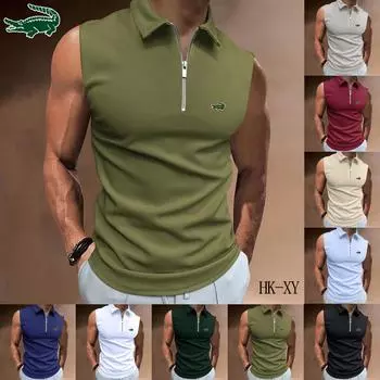 CARTELO летняя мужская рубашка-поло с вышивкой на молнии, однотонная футболка без рукавов с лацканами, повседневный топ, рубашка-поло S чёрный