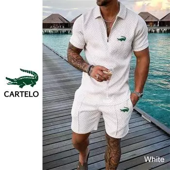 CARTELO Мужская повседневная контрастная футболка-поло с 3D-принтом и застежкой-молнией с короткими рукавами