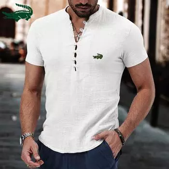 CARTELO новая летняя мужская рубашка из хлопка и льна с вышитым логотипом в стиле ретро, повседневная рубашка с короткими рукавами и воротником «Генри» S белый