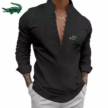 CARTELO новая летняя мужская рубашка с вышивкой из хлопка и льна в стиле ретро, повседневная рубашка с длинными рукавами и воротником-стойкой S чёрный