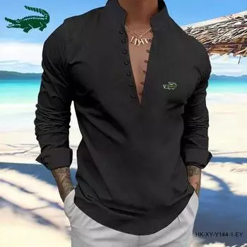 CARTELO новая летняя мужская рубашка с вышивкой из хлопка и льна в стиле ретро, повседневная рубашка с длинными рукавами и воротником-стойкой S чёрный