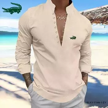 CARTELO новая летняя мужская рубашка с вышивкой из хлопка и льна в стиле ретро, повседневная рубашка с длинными рукавами и воротником-стойкой S чёрный