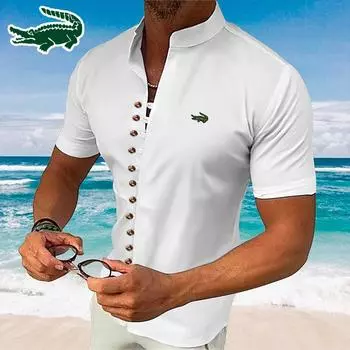 CARTELO новая летняя мужская рубашка с вышивкой из хлопка и конопли в стиле ретро, повседневная свободная рубашка с короткими рукавами и воротником Генри, большая рубашка S белый