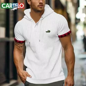 CARTELO/Новая летняя повседневная мужская футболка с вышивкой в европейском и американском стиле, большая вафельная дышащая толстовка с капюшоном S белый